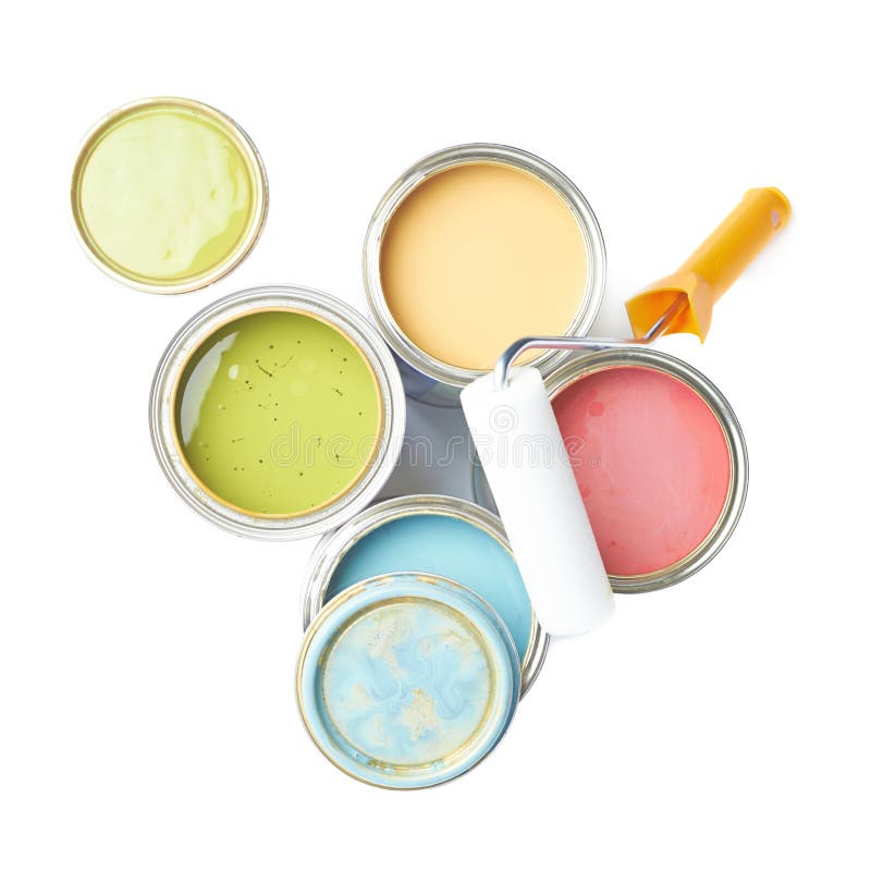 Paint roller over cans of paint stock photos Paint roller over cans of paint stock photos