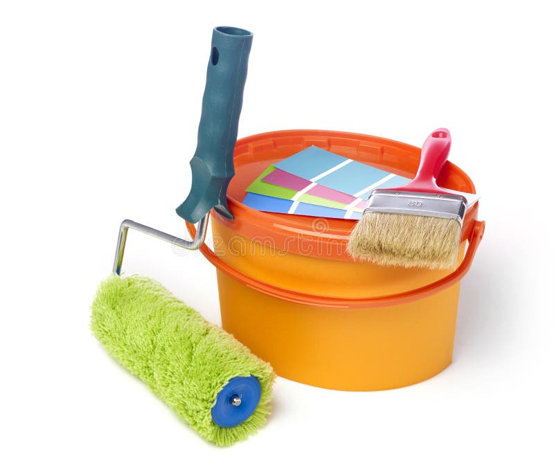 Paint Roller, Paint Brush and Paint Bucket Stock Photo Image of