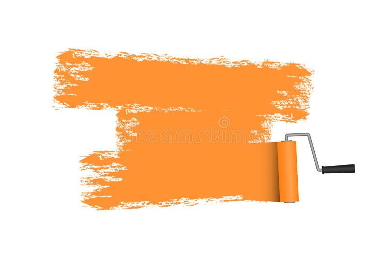 Paint Roller with Painted Area in Orange Color. Roller Brush Stock