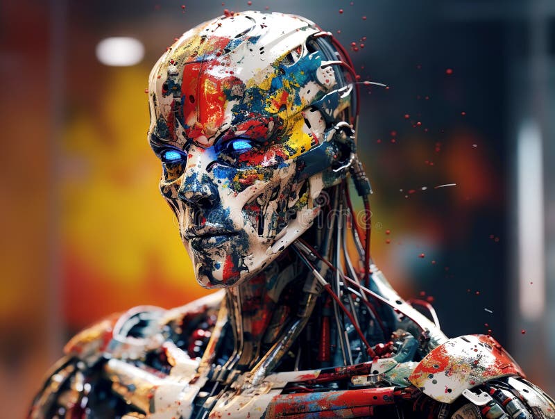 Paint Splattered Robot. Smart Robotic Technology Concept. Replacing