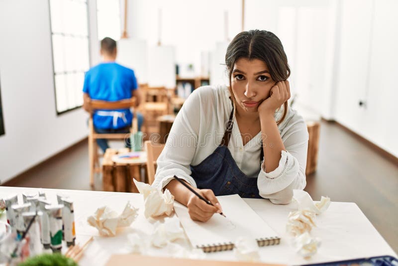 Paint Student Wpman Stressed Painting at Art School Stock Photo Image
