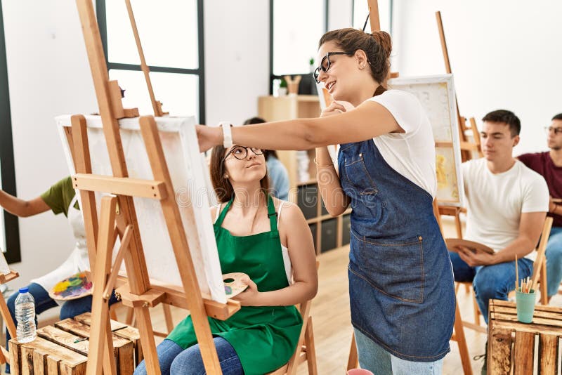 Paint Teacher Looking Draw of Student at Art Studio Stock Image Image