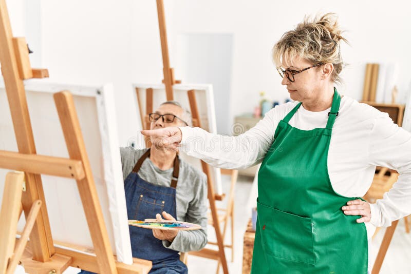 Paint Teacher and Student Painting at Art Studio Stock Photo Image of