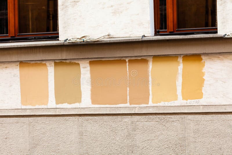 Paint Test Samples On A Building Wall. Trying Various Paint Types, Picking Colours In Process Of Conservatiom, Tenement House