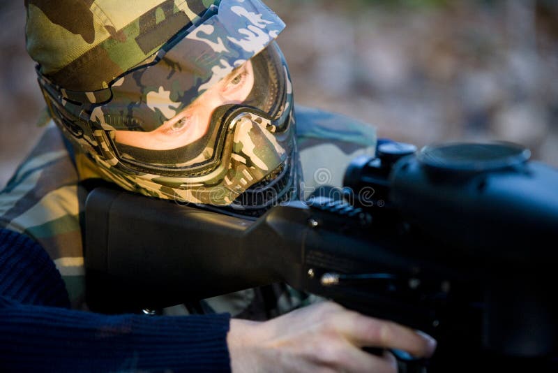 Paintball Player Holding Position Stock Image Image of protective, mask 19860753