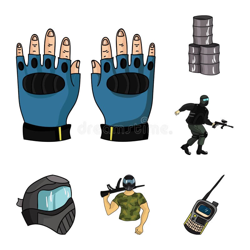 Paintball, iconos de la historieta del juego de equipo en la colección del sistema para el diseño Web de la acción del símbolo de