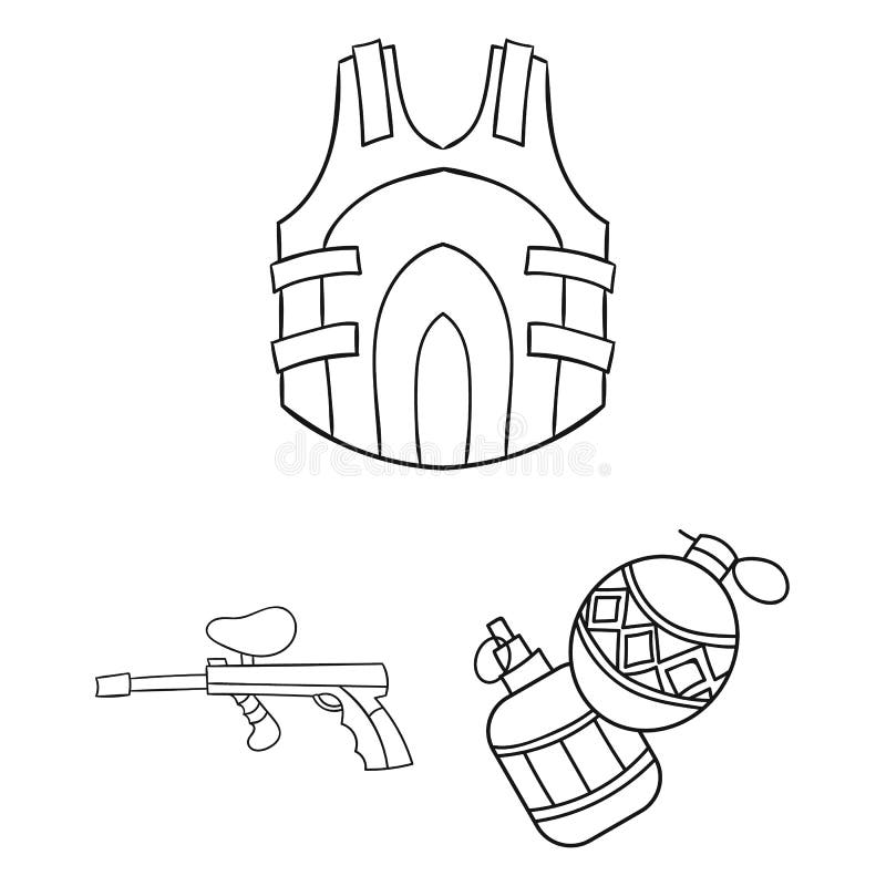 Paintball, iconos del esquema del juego de equipo en la colección del sistema para el diseño Web de la acción del símbolo del vec