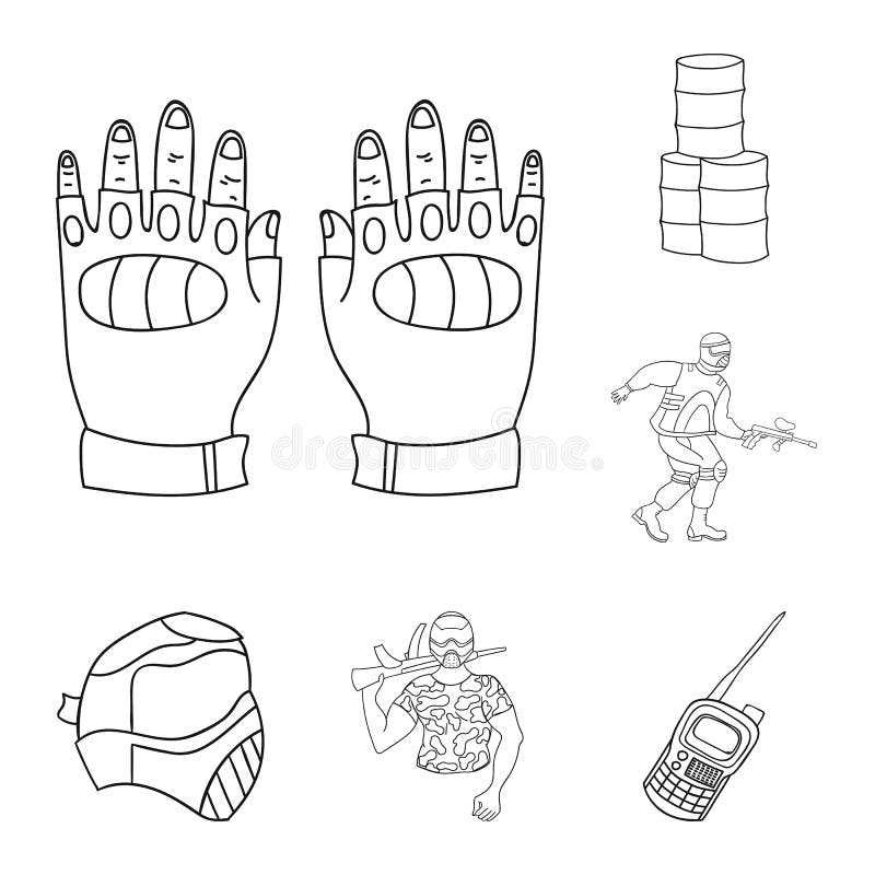 Paintball, iconos del esquema del juego de equipo en la colección del sistema para el diseño Web de la acción del símbolo del vec
