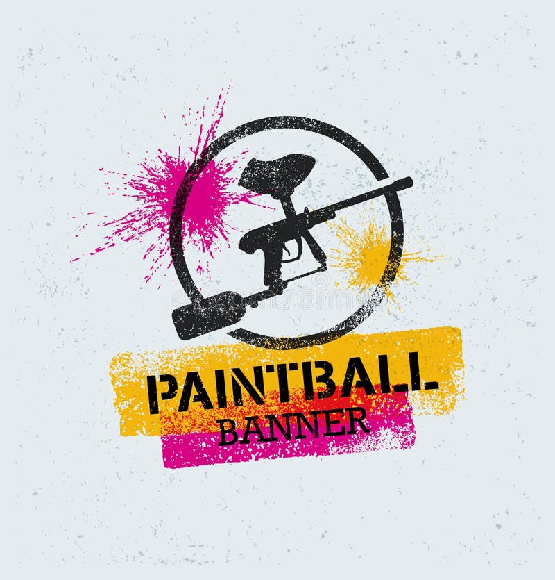 Paintball Marker Gun Vector Splat Banner on Grunge Background Stock
