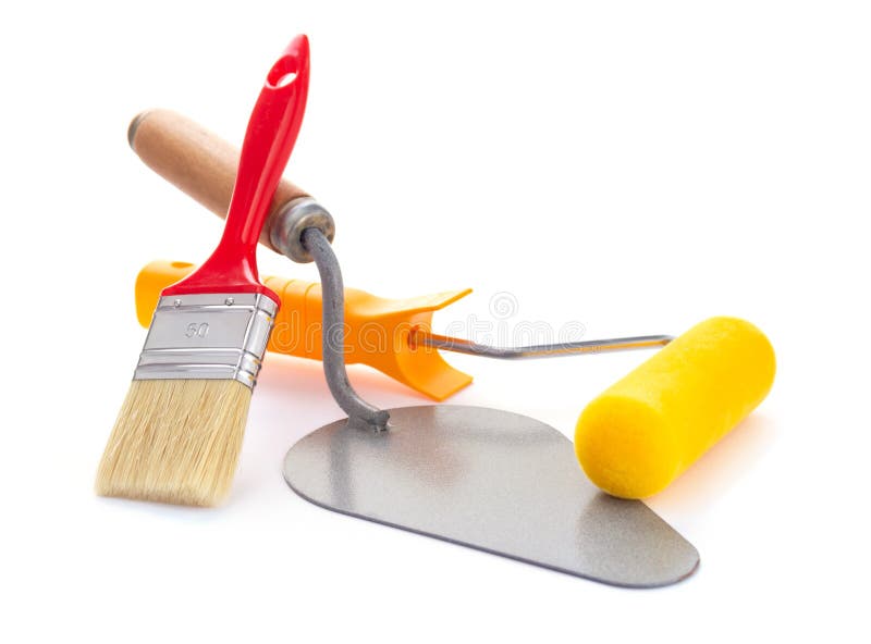 Paintbrush tool and paint roller isolated at white background. Construction tools for renovation