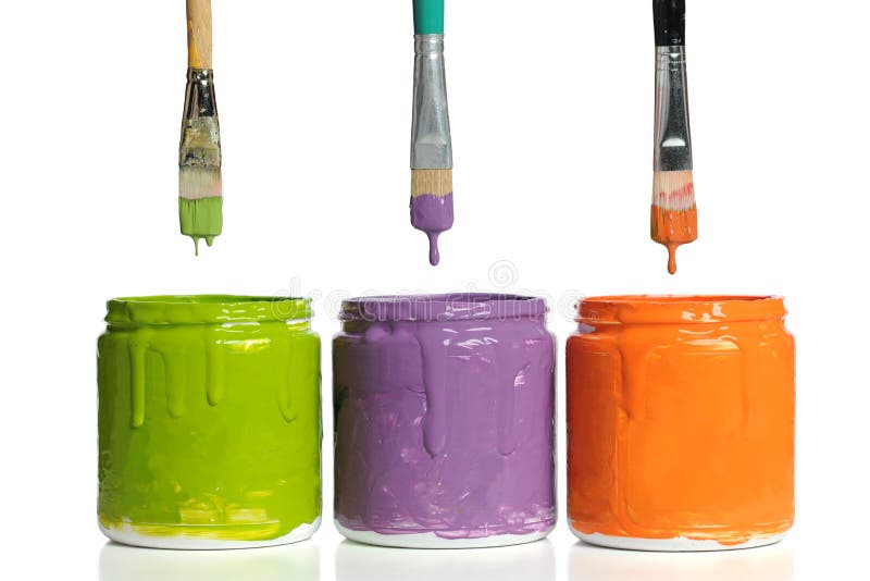 Paintbrushes Dripping into Paint Containers Stock Image Image of