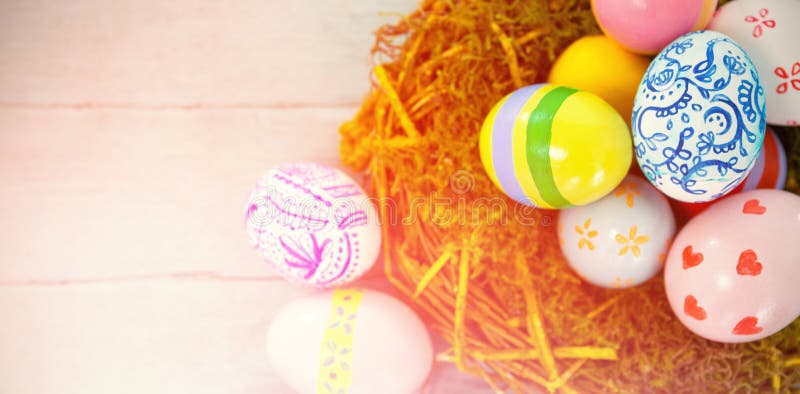 Top View Of Easter Colorful Eggs Over Blue Background. Stock Image