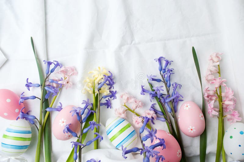 Painted Easter Eggs and Hyacinth Flowers Stock Image Image of group