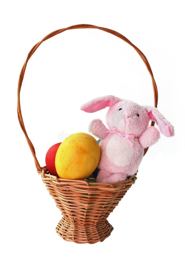 Painted Easter Eggs and a Rabbit in a Basket Stock Image - Image of