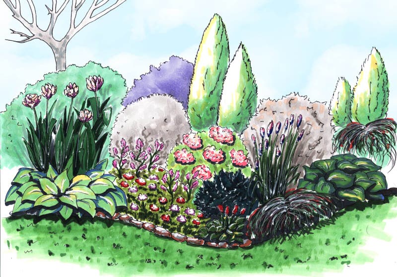 A flower garden for a landscape project. flowers on the flowerbed. onion in a box. succulents in a pot, by the road. flower gard