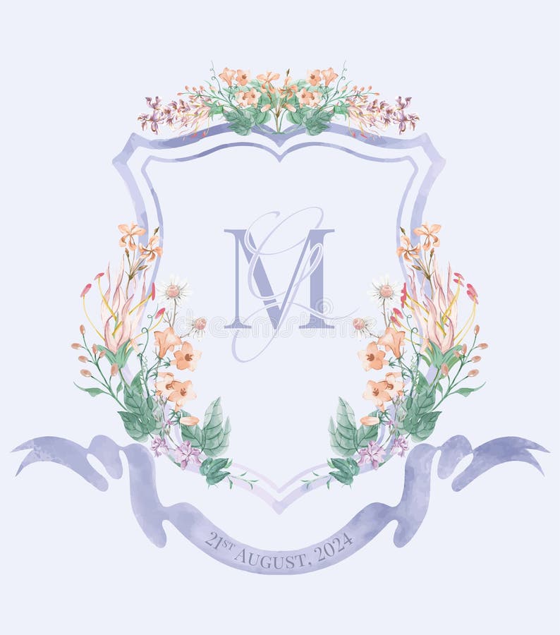 Painted hand-drawn wild blue wedding monogram MG, GM initial.