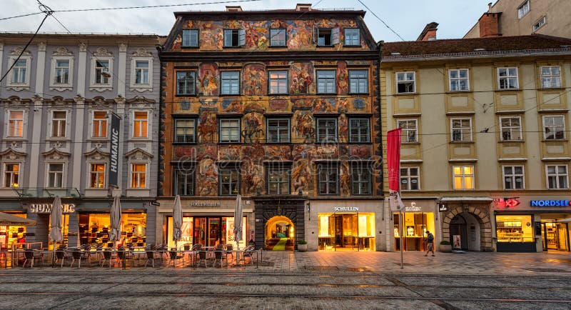 The Painted house in a historical city center of Graz at sunset, Austria