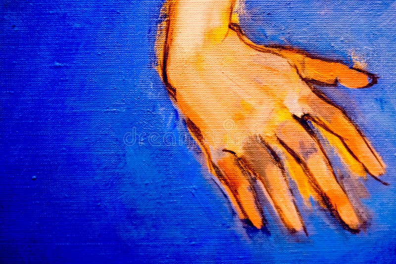 Painted human hand on blue background with oiled texture. Abstract background stock image