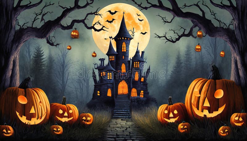 Painted Night Scene with a Castle and Halloween Decorations Stock ...