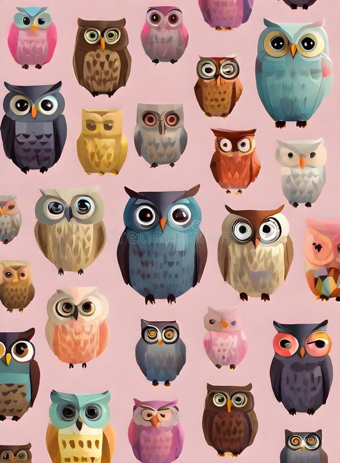 Painted Owls on Knolled Flat with Pastel Stock Illustration