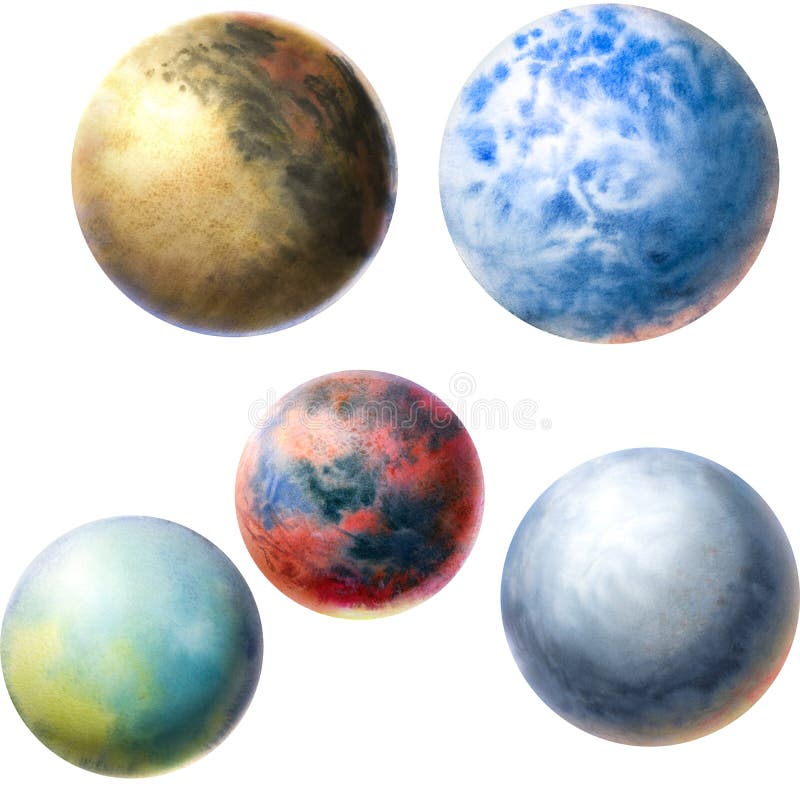 Set of colorful planets isolated on white background. Watercolor hand drawn  abstract planet balls magic art work illustration. Colorful abstract  geometric round shape sphere disc disk. Stock Illustration by  ©bychovsky@gmail.com #241332042
