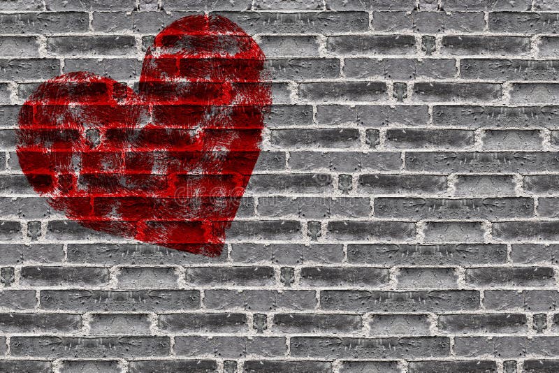 Painted Red Heart Shape on Black Brick Wall Stock Image - Image of ...