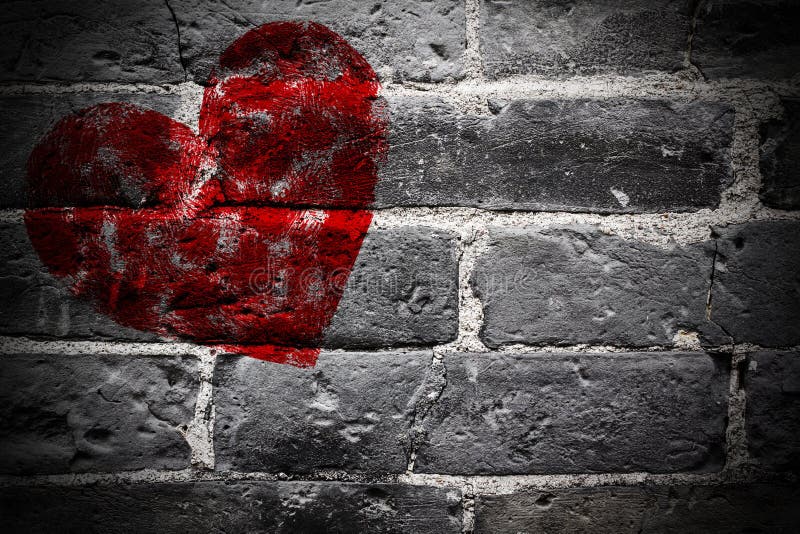 Painted Red Heart Shape on Black Brick Wall Stock Image - Image of ...