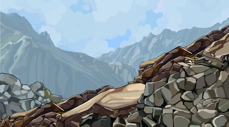 Painted rocky slope at the top among foggy mountains