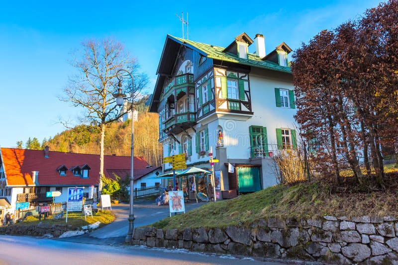 Painted traditional bavarian house near Neuschwanstein and german alps in Bavaria