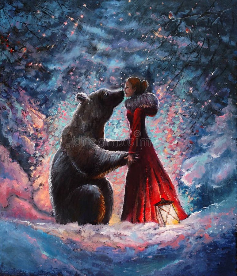 Paintein d'huile sur la toile une fille dans la robe rouge étreignant et embrassant une vraie Big Bear brune dans la forêt pittor illustration de vecteur Paintein d'huile sur la toile une fille dans la robe rouge étreignant et embrassant une vraie Big Bear brune dans la forêt pittor illustration de vecteur