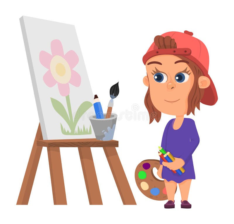 Painter Girl. Kid Drawing Flower on Canvas Wooden Easel Stock Vector ...