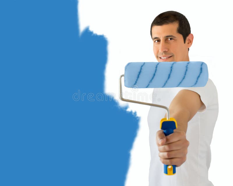 Painter and his blue roller stock photo Painter and his blue roller stock photo