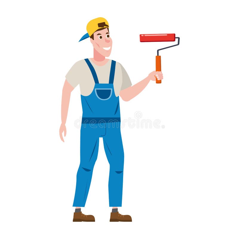 Painter man paints the wall is holding a paint roller in hand, profession, character, uniform, bucket. Vector vector illustration Painter man paints the wall is holding a paint roller in hand, profession, character, uniform, bucket. Vector vector illustration