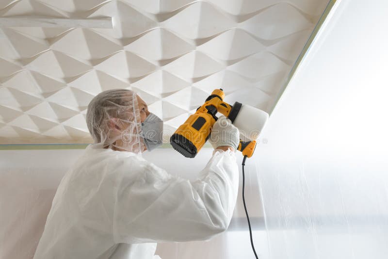 The Painter is Painting a Ceiling with a Spray Gun Stock Image Image of protective