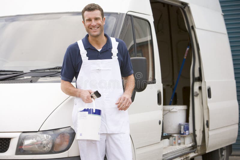 Painter standing with van stock image. Image of brush 5940785