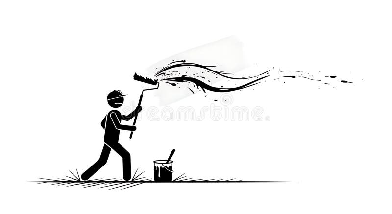 Stick figure painter applying paint on a wall with roller applicator, creating strokes Simple black and white graphic for renovation and decoration projects. Applicator stick illustrations