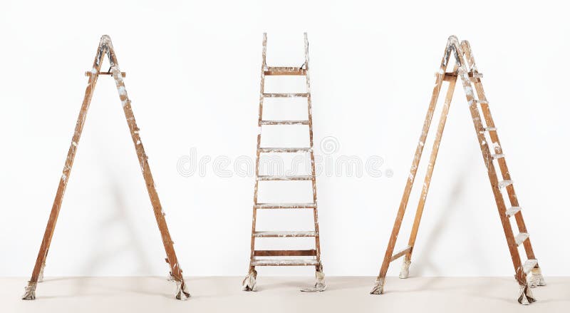 Painter wooden ladder,isolated on white, wall painting