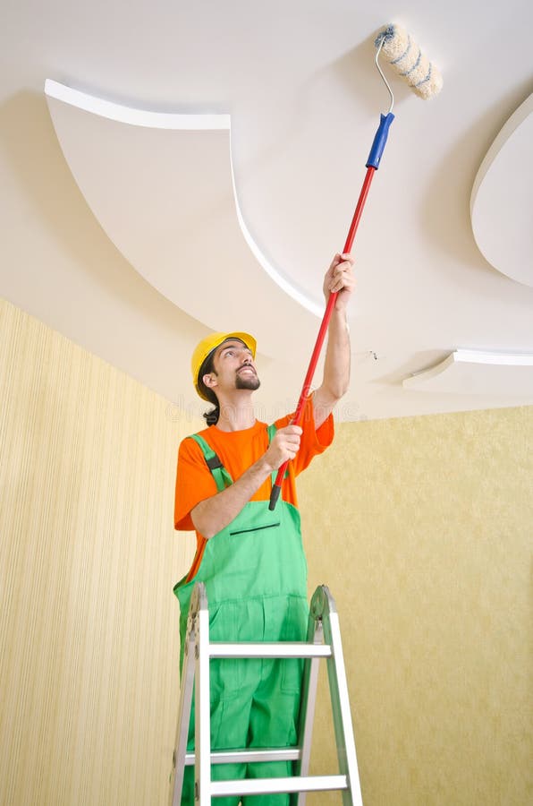 House Painter at Work with Painting Roller Stock Image Image of