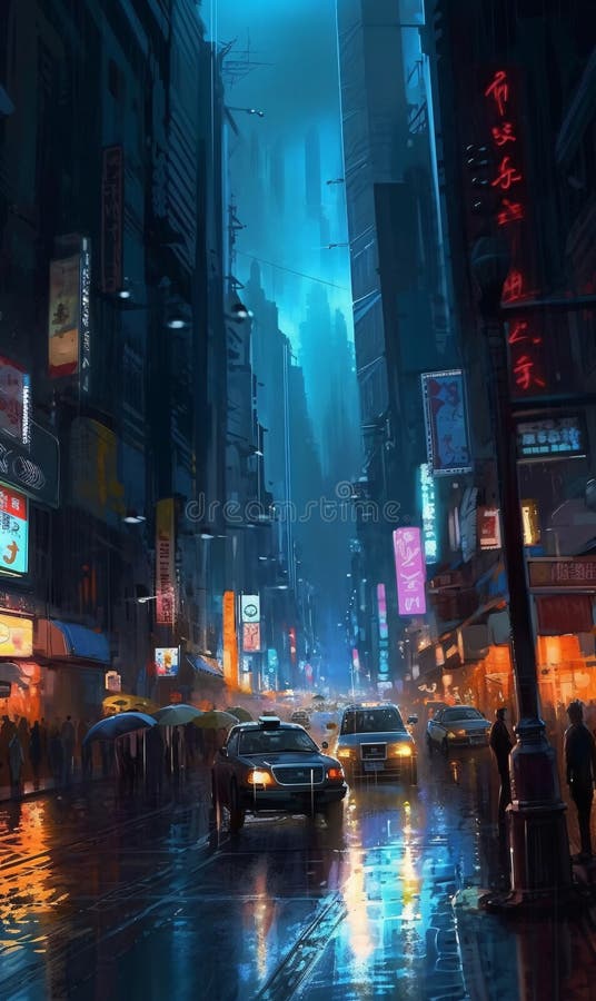 Painting of Busy City Street at Night in Cyberpunk Art Style Generative ...