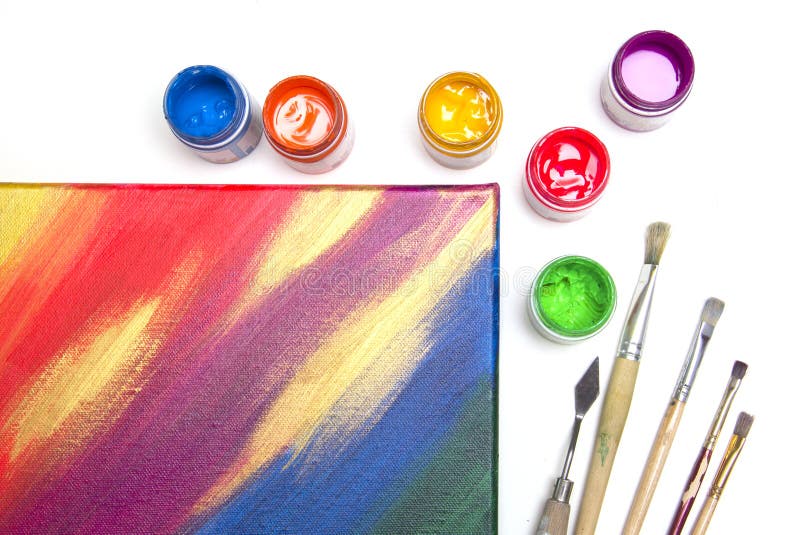 Painting on Canvas. Jars with Colorful Art Paint and Brushes Stock Image -  Image of space, artist: 179918371