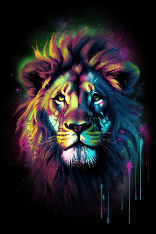 Painting of Colorful Lion Face Generative AI Stock Illustration