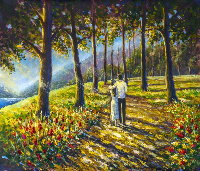 Painting Couple Walking In Sunny Summer Park Forest Stock