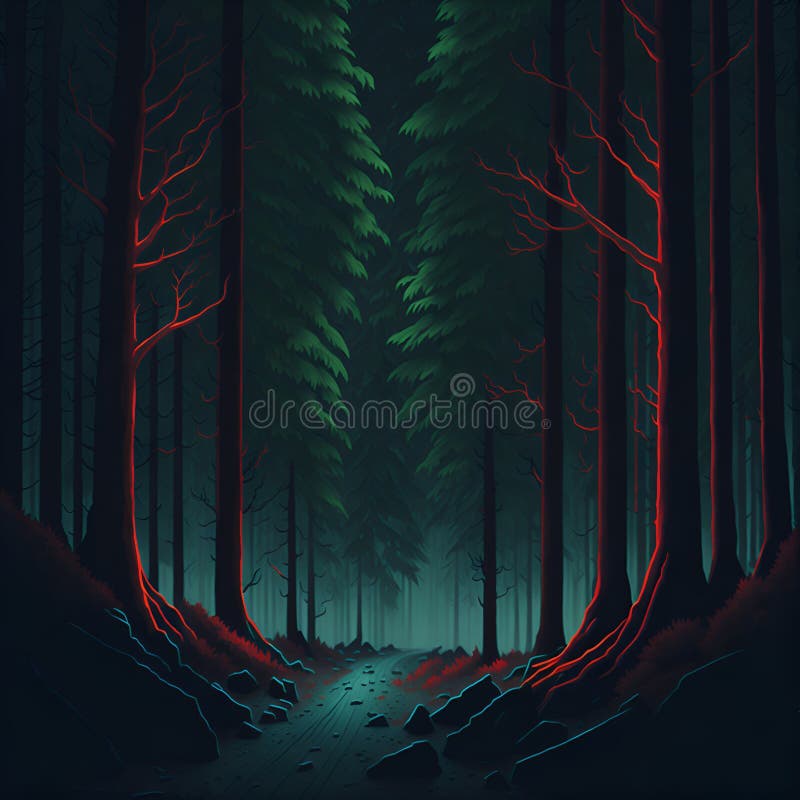 A painting of a dark forest with red trees vector illustration