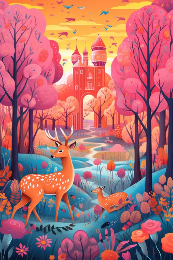 A painting of a deer and a deer in a forest. Generative AI image.