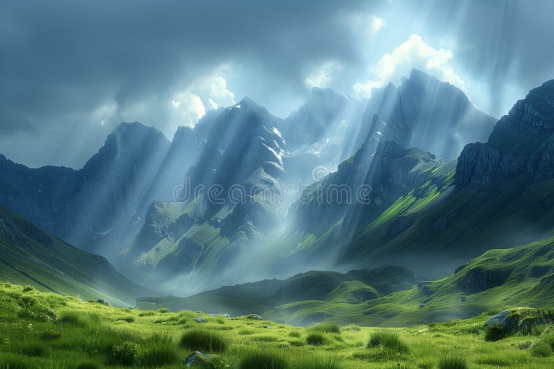 A painting depicting a grand mountain range with sun rays piercing through the clouds royalty free stock photos