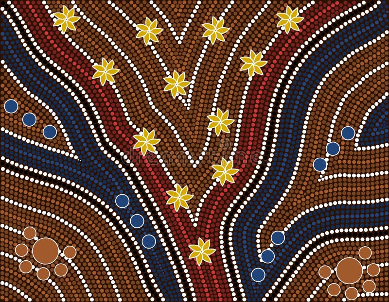 A illustration based on aboriginal style of dot painting depicting wet. Australian aboriginal border illustrations