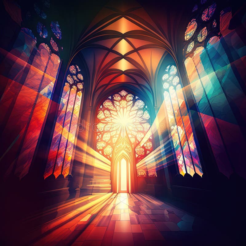 A Painting of a Cathedral with Stained Glass Windows and a Clock on the