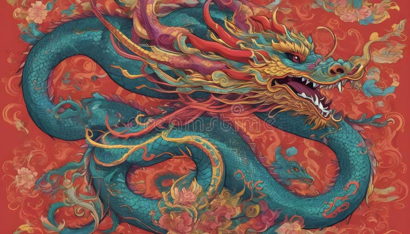 A painting of a dragon with red and blue colors vector illustration