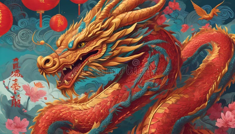 A painting of a dragon with red and gold wings royalty free illustration