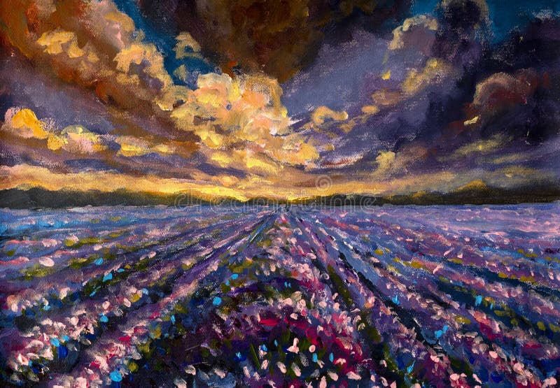 Colorful Lavender Field at Sunset Painting Stock Illustration ...